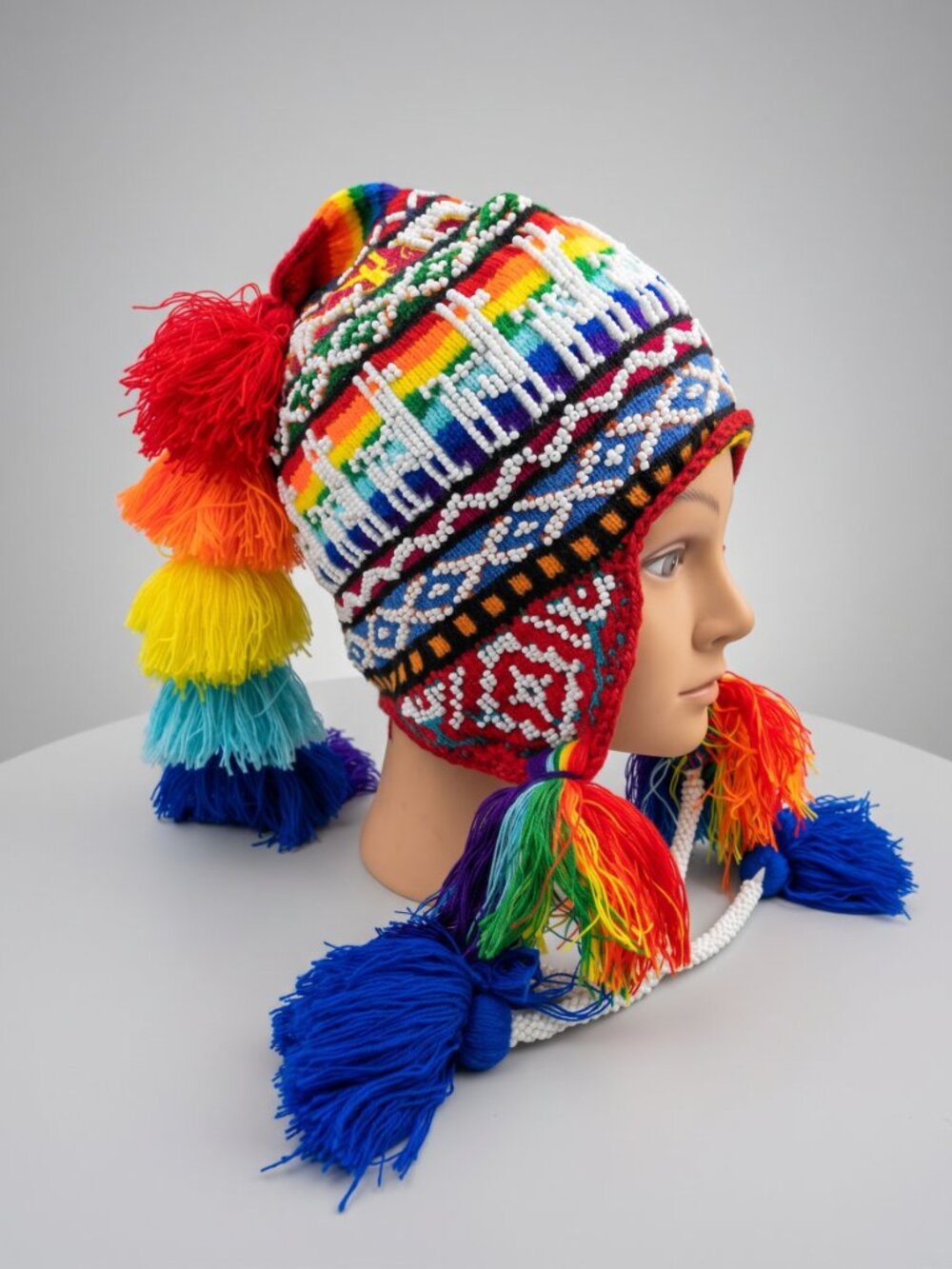 Traditional Andean Chullo with Rhinestones and Rainbow Tassels - Picture 3 of 7